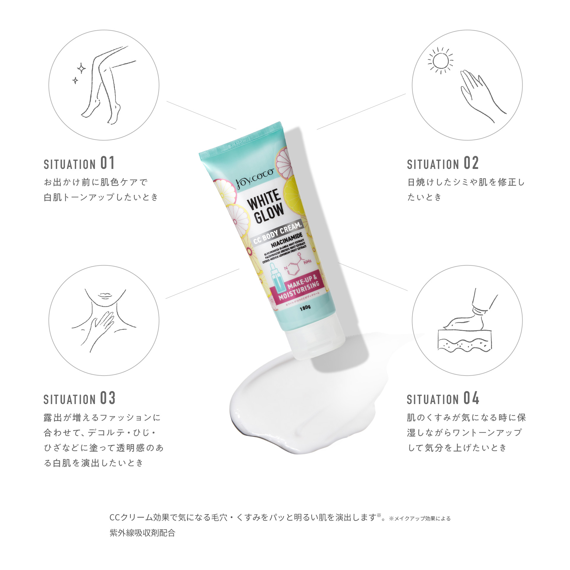 お出かけ前に肌色ケアで白肌トーンアップしたいとき、日焼けしたシミや肌を修正したいとき、露出が増えるファッションに合わせて、デコルテ・ひじ・ひざなどに塗って透明感のある白肌を演出したいとき、肌のくすみが気になる時に保湿しながらワントーンアップして気分を上げたいとき